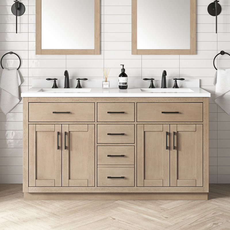 Meuble-lavabo double 60 po avec comptoir de qualité supérieure OVE Decors Bailey, Bouleau Sahara, Noir, noir, noir, noir
