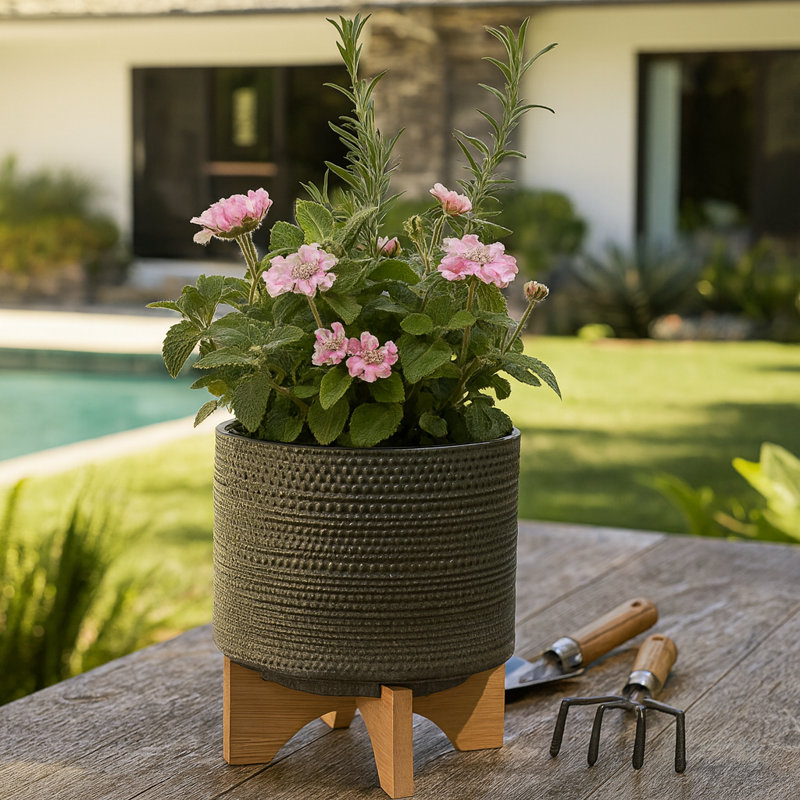 Jardinière en grès avec support en bambou Clingmans - Design moderne et élégant, matériaux de haute qualité, Vert