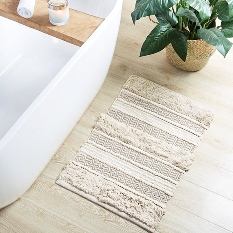 Woven Stripe Bath Rug 22x58" - Natural Hue Heavy Shaggy Texture Non-skid Backing Washable Floor Mat Handwoven Soft Latex Back Machine Bathroom Runner