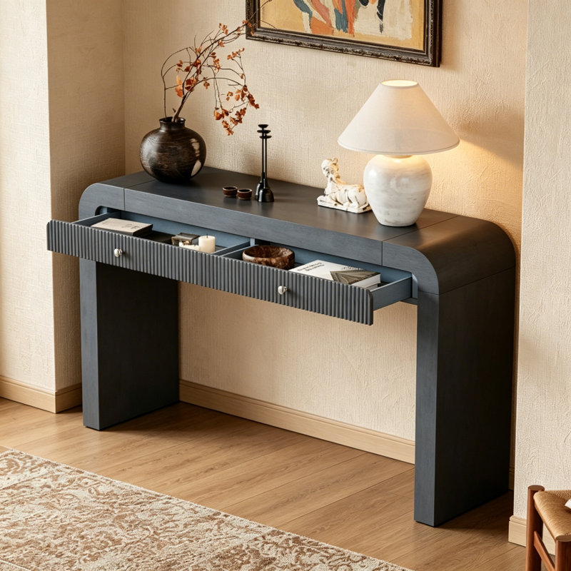 Rustic Console Table With Fluted Drawer, Curved Corners, And Thick Legs For Hallway And Living Room Decor (Dark Navy)