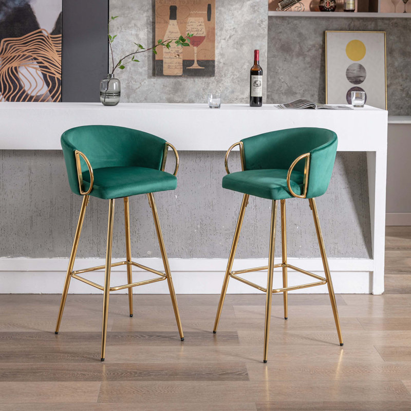 Bar Stools,with Chrome Footrest and Base Velvet + Golden Leg Simple Bar Stool, Bar Stool (30.31" Seat Height), Green