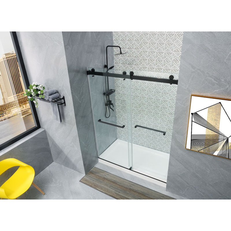 66'' W x 76'' H Bypass Frameless Shower Door with Clear Glass, Black