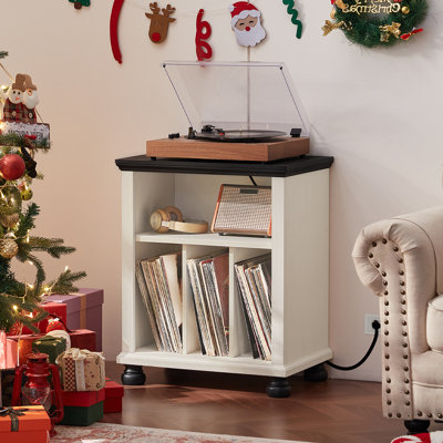 Support pour tourne-disque avec station de charge pouvant contenir jusqu'à 200 albums, table de tourne-disque Mid-Century de 24 po de large avec rangement pour disque vinyle, grande armoire de rangement pour table tournante en bois pour le salon