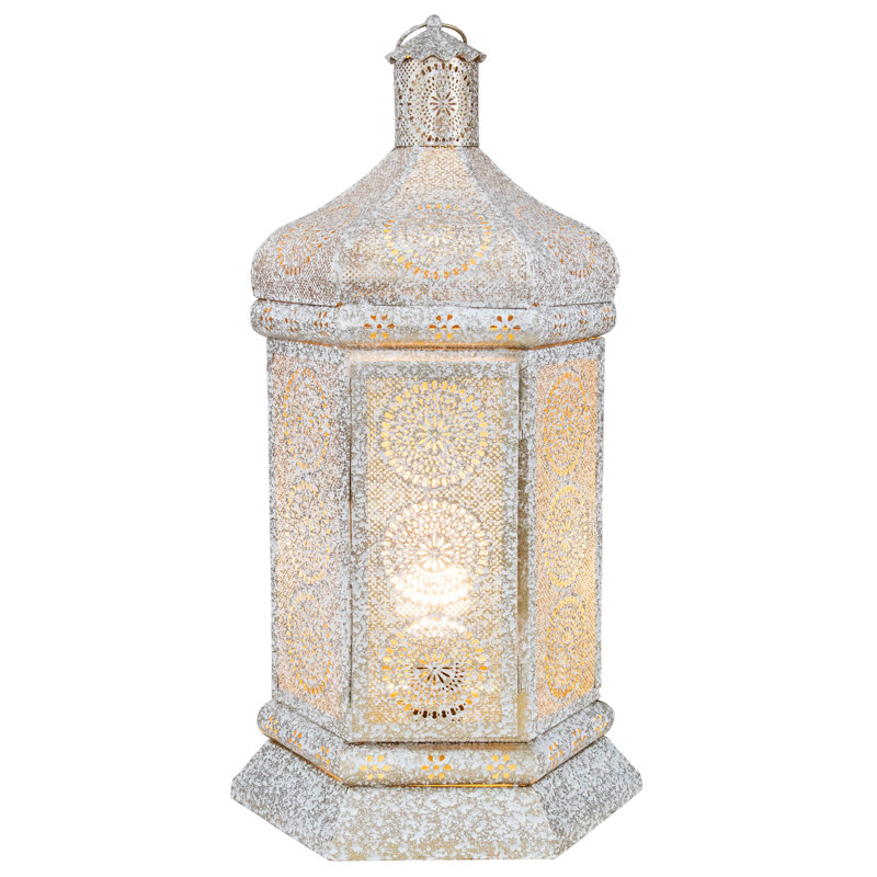 21.5" Moroccan Style Lantern Table Lamp, Distressed White/Gold
