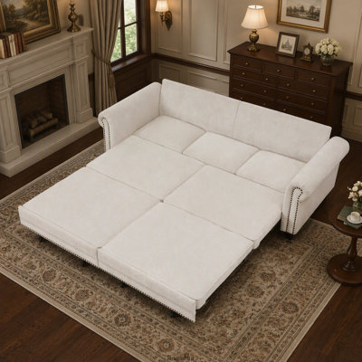 86 Inch 3-in-1 Pull Out Sleeper Sofa Bed with Nailhead Trim and Rolled Arm, Beige Chenille