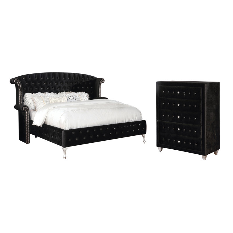 Ensemble de chambre à coucher rembourrée 2 pièces avec commode Mikrut, Grand, Noir