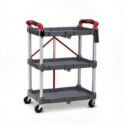 Portable Folding Service Cart 3 Tier Folding Utility Cart Collapsible Utility Carts for Office Warehouse and Home 56 Lbs Load Capacity per Shelf (Grey & Red)