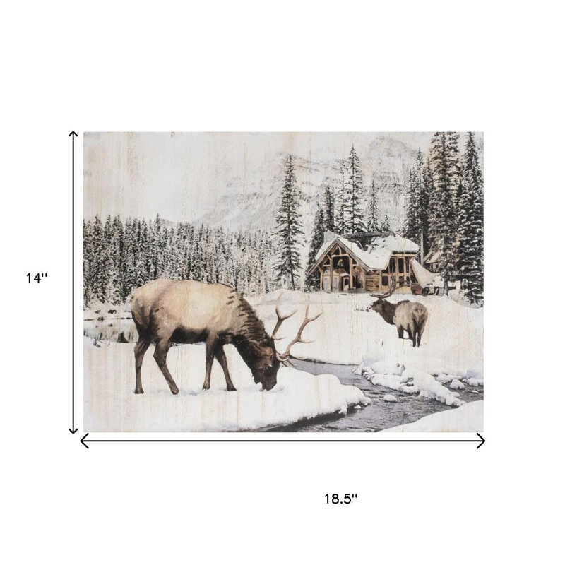 14" X 19" Brown And White Wood Winter Reindeer Lodge Hanging Wall Decor