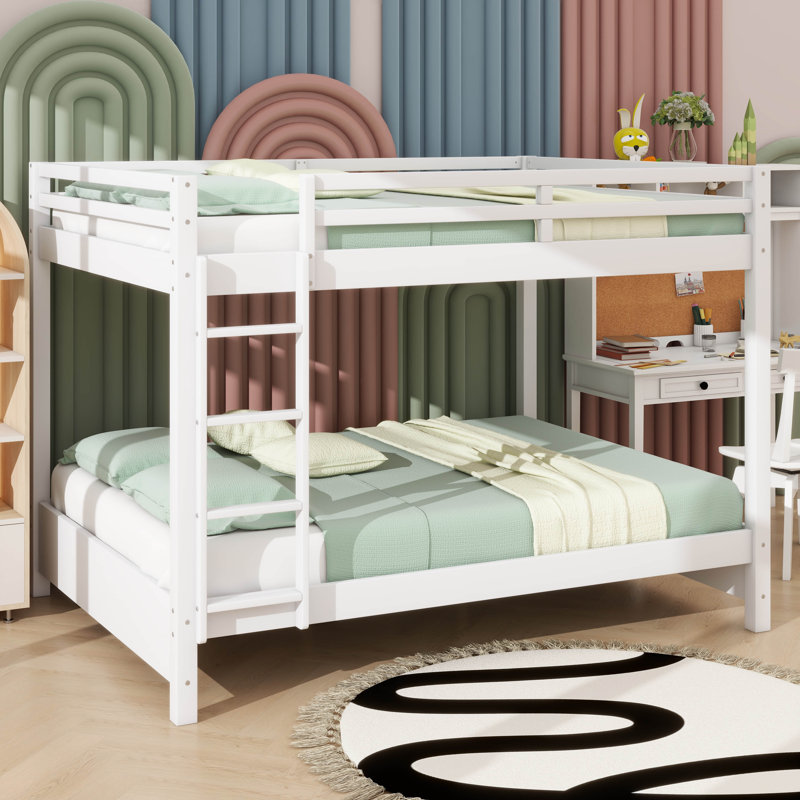 Lit superposé en bois robuste avec échelle et barrière de sécurité, Blanc