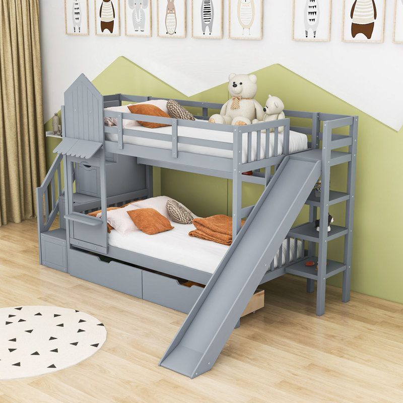 Kids Bunk Bed with 2 Drawers, Shelves and Slide, Gray, Twin Over Twin