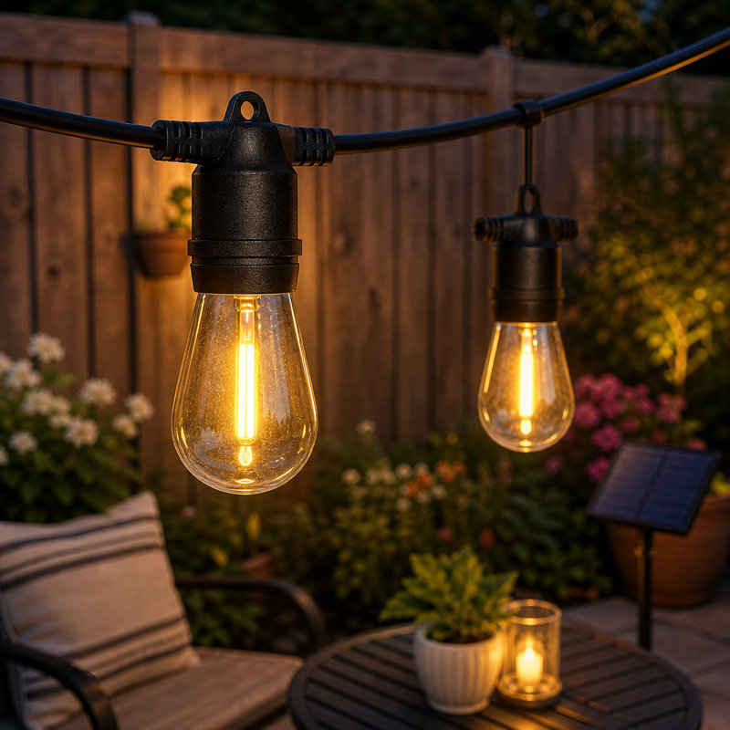 48FT 15-Bulb Solar-Powered Outdoor Standard String Lights, Shatterproof, Weatherproof, Dusk to Dawn On/Off
