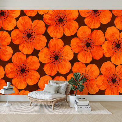 Papier peint adhésif autocollant amovible à motif floral orange et noir à motif floral noir et blanc pour salon H 100 po x l 144 po