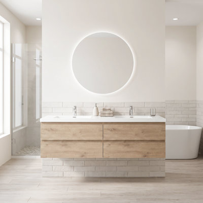 Meuble-lavabo mural de 72 po en bois naturel MFC avec dessus en résine blanche brute et carbonate de calcium, 2 lavabos et deux tiroirs coulissants en forme de U à fermeture douce, préassemblé