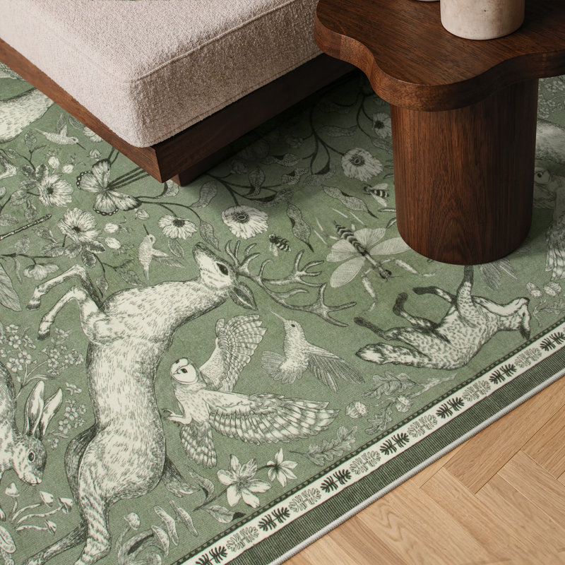 Goldene Morris Inspired Woodland Animal Washable Area Rug with Non-Slip Backing for Living Room, Bedroom and Kidsroom