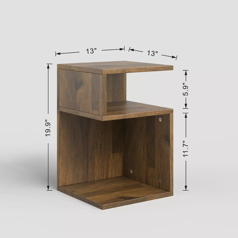 20'' S-Shaped End Table and Bookcase With Open Storage Shelves, Brown