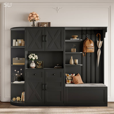 Armoire de vestibule multifonctionnelle gauche-droite (peut être utilisée séparément) avec rangement et 4 crochets, armoire de rangement / arbre d'entrée 2 en 1 pour le salon, la cuisine et le couloir, noir