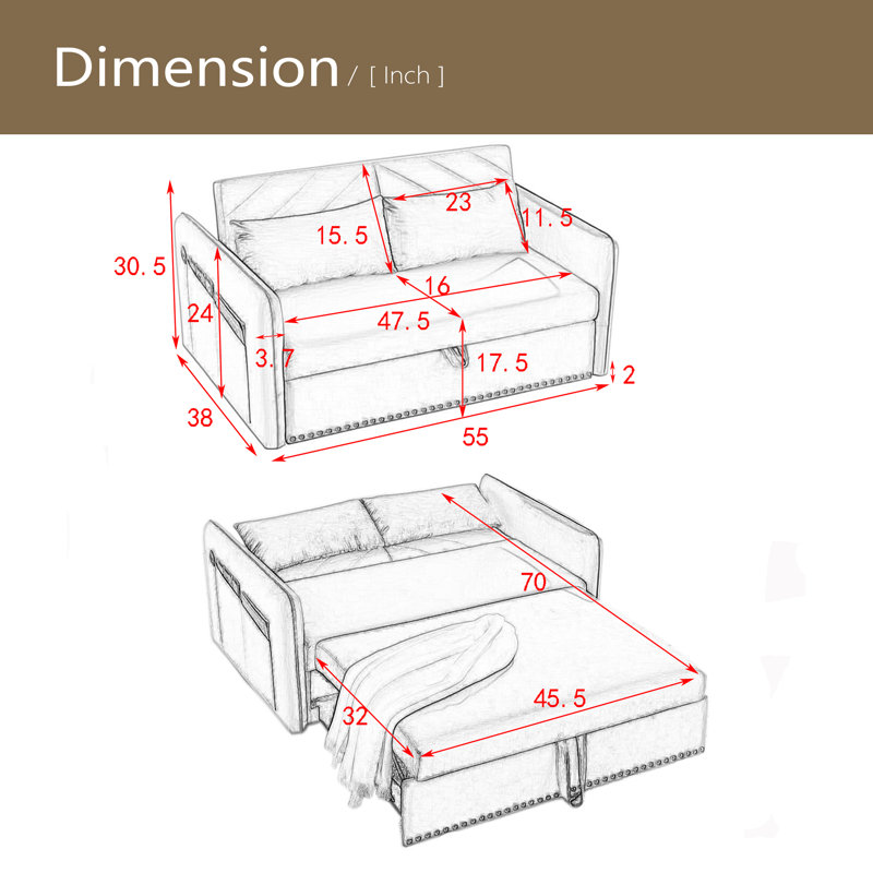 Canapé-lit convertible futon 3 en 1, petite causeuse en velours de 55 po avec 2 coussins, dossier inclinable, poches latérales pour le salon