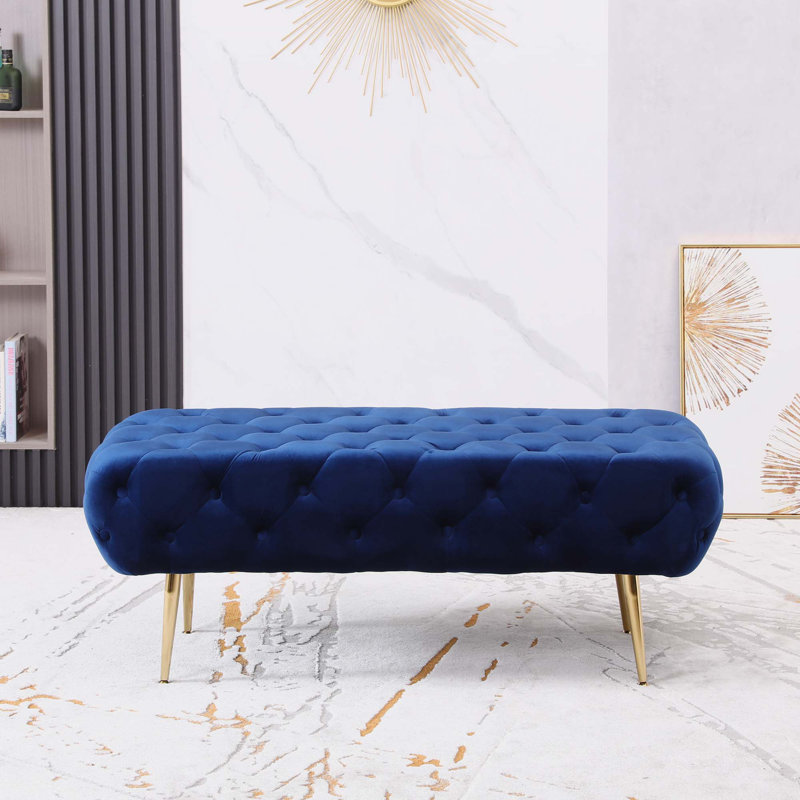 Velvet Button Tufted Bench, Blue