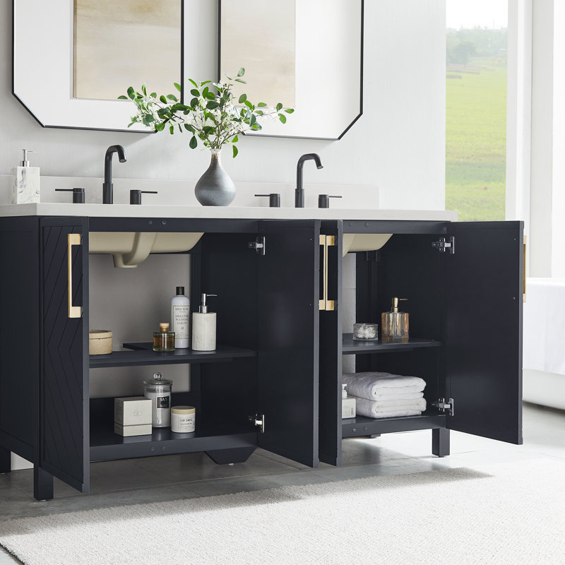 Keiera 60" Double Bathroom Vanity with Engineered Stone Top, Navy