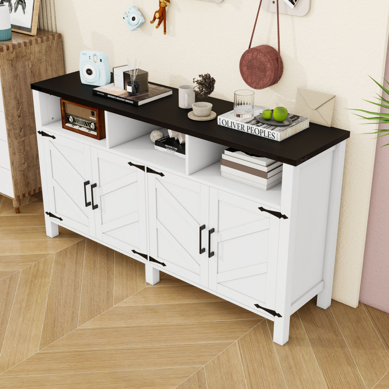Stylish 4-Door Sideboard Buffet Cabinet with Built-In Power Outlet, Adjustable Shelves and Ample Storage, White Black