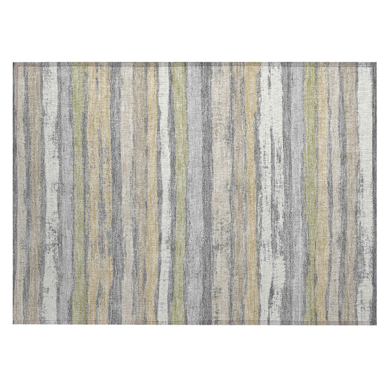 Gray and White Striped Synthetic Washable Indoor/Outdoor Rug 20" x 30"