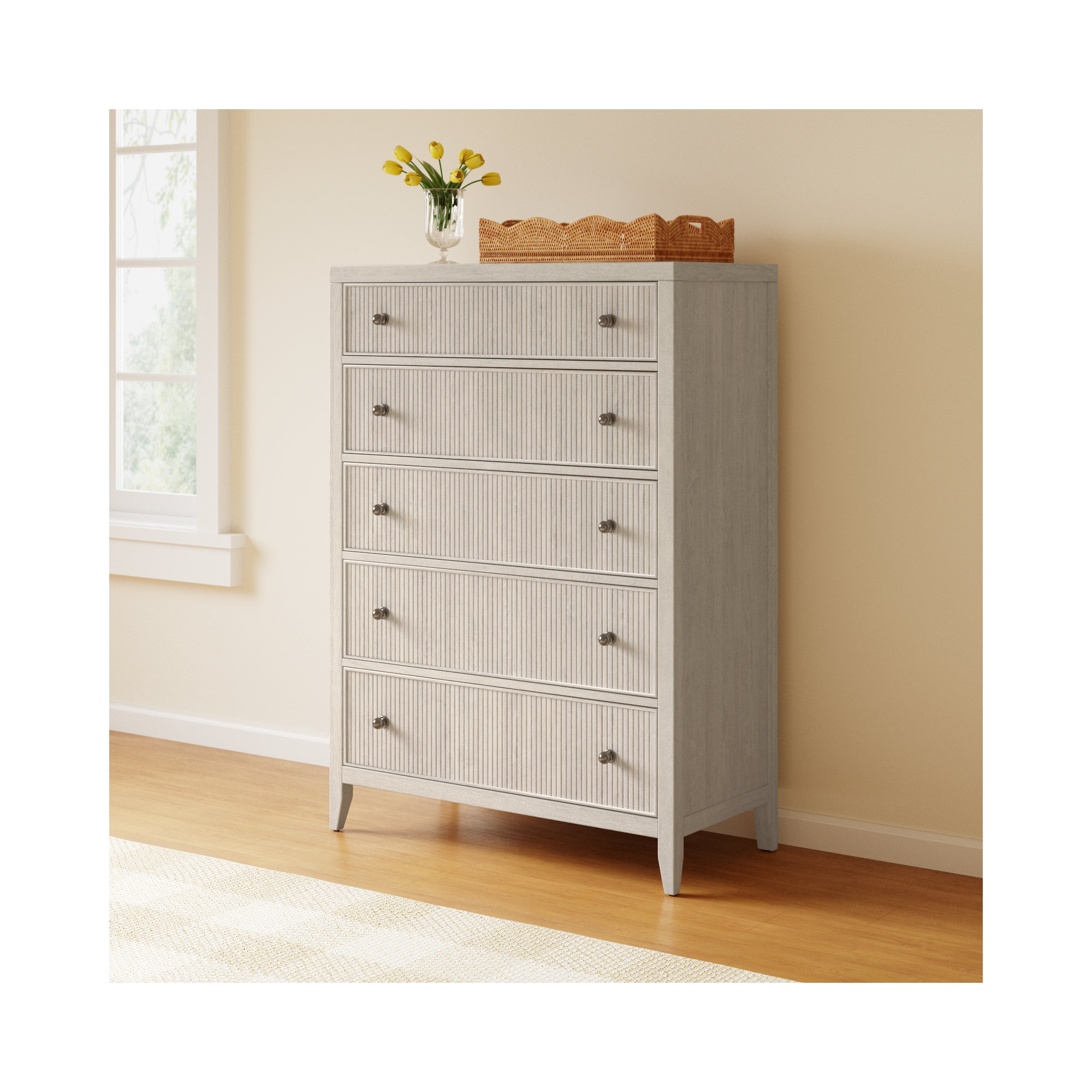 Caterina 5-Drawer Chest, White Oak