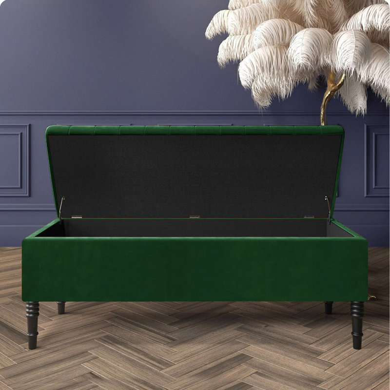 Paris Striped Ottoman Storage Bench - Upholstered Plush Velvet Shoes Bench with Black Turned Wooden Legs, Forest Green