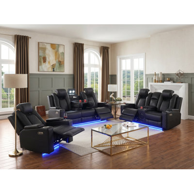 Ensemble de salon inclinable électrique 3 pièces avec revêtement en cuir respirant piqué au diamant, haut-parleur Bluetooth, recharge sans fil, lumières à DEL, porte-gobelets et rangement (ensemble de 3)