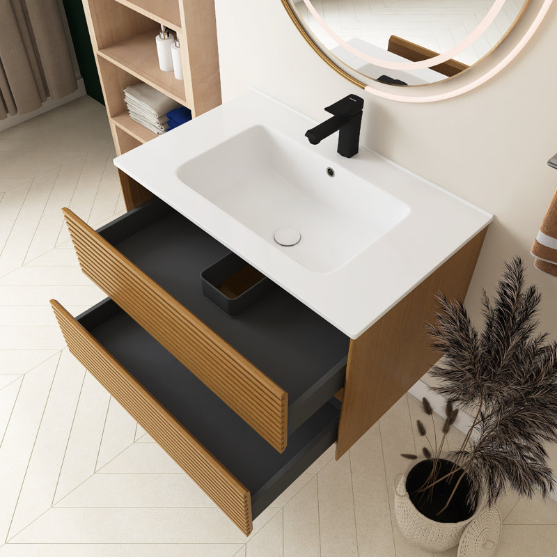 Corolla Oak Wall-Mounted Plywood Woodgrain Bathroom Vanity With With Drawers