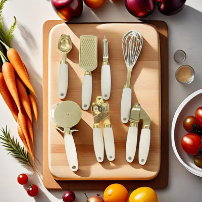 7-piece Gold & White Kitchen Utensil Set With Anti-slip Handles