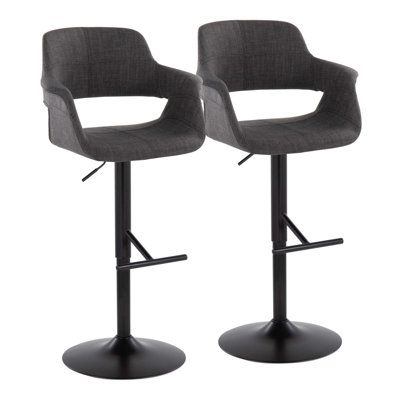 Vintage Flair Mid-Century Modern Adjustable Barstool In Black Metal And Charcoal Fabric With Straight 'T' Footrest By Lumisource - Set Of 2