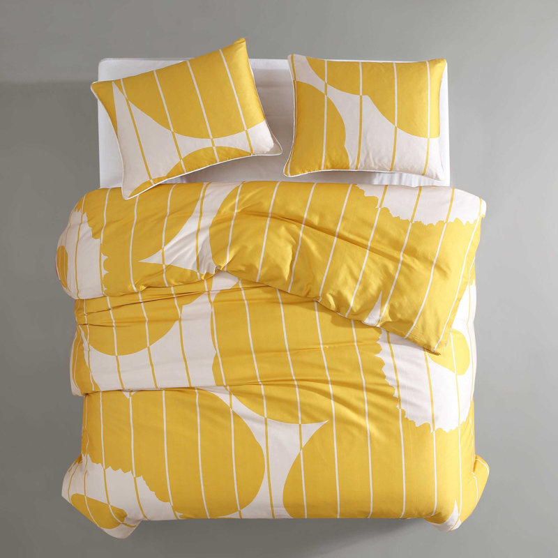 Ensemble de housse de couette en coton jaune / beige Marimekko Vesi Unikko, Housse de couette pour grand lit et 2 taies décor