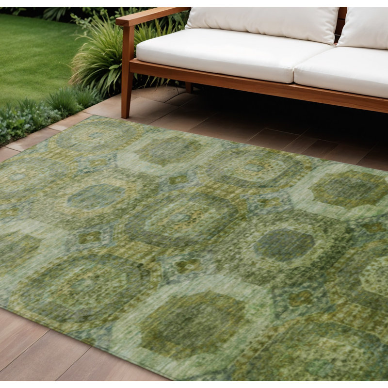 Tapis intérieur / extérieur 9 pi x 12 pi vert et beige à motif artichaut lavable