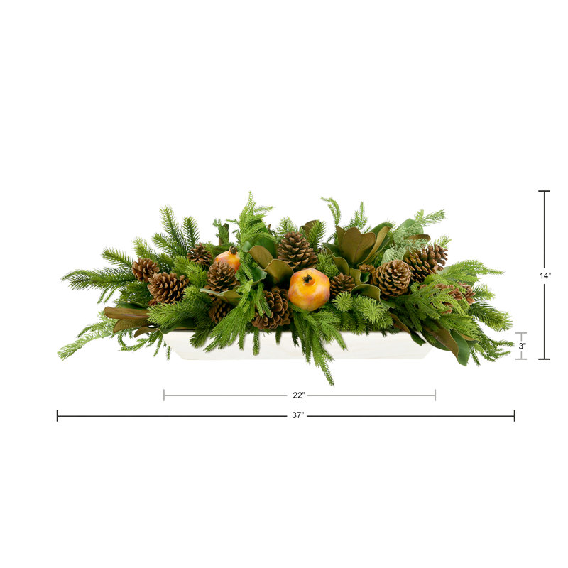 Holiday Arrangement with Evergreens, Pinecones and Pomegranates