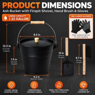 Black Metal Ash Bucket with Lid, Shovel, and Broom