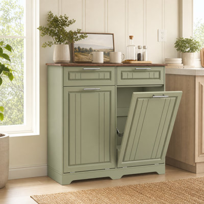 Armoire à ordures double inclinable 20 gallons avec contrôle des odeurs et prise de courant, support de poubelle cachée autoportante avec 2 tiroirs et porte double pour la cuisine (poubelles non incluses)