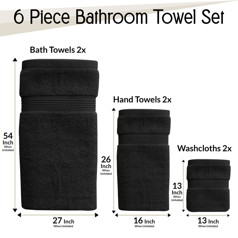 Lux Decor 6-Piece 100% Cotton Towel Set, 2 Bath Towels, 2 Hand Towels, 2 Wash Towels, Ultra Soft, Black