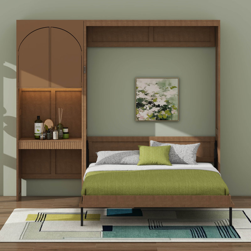 Lit escamotable Queen Size avec armoire latérale réversible (gauche/droite), éclairage DEL, tiroirs et étagères de rangement multiples ; conception pliable et peu encombrante.