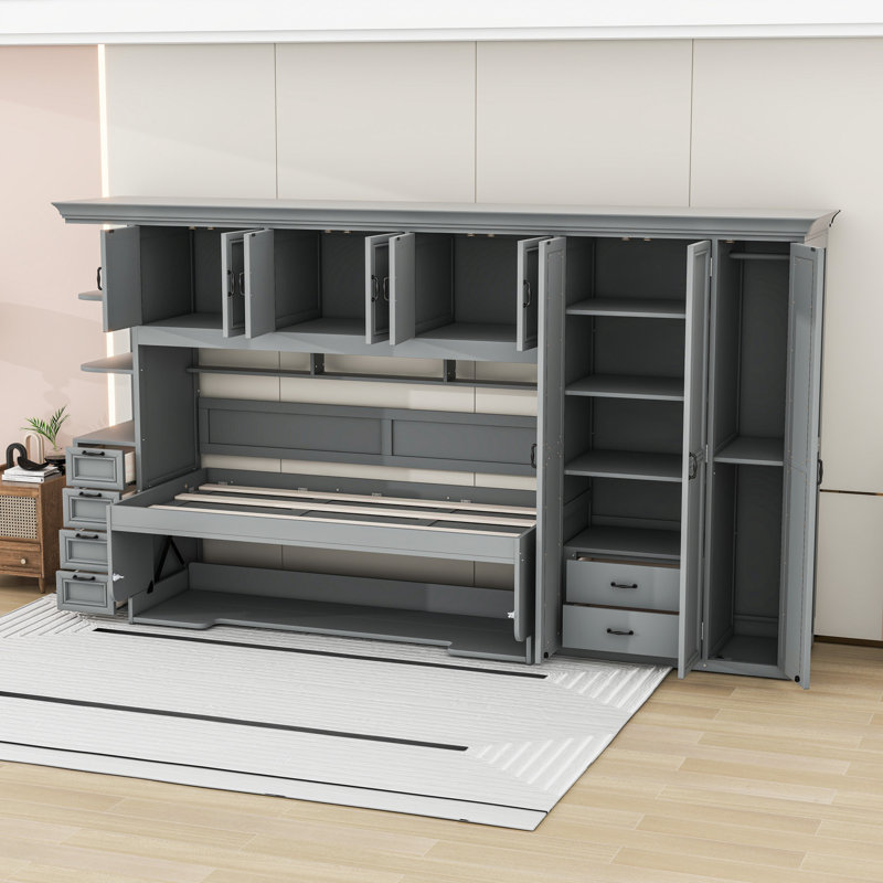 Lit escamotable simple 6 tiroirs avec garde-robe, tablettes, armoire et bureau, Gris