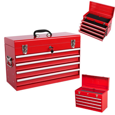 21 po, coffre à outils robuste, rouge, 4 tiroirs, rembourrage, rails de roulement, portable, boîte de rangement spacieuse, sécuritaire,