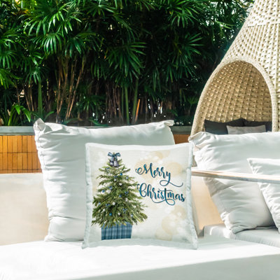 Christmas Tree in Plaid Stand Design by Mollie B. Outdoor Printed Pillow