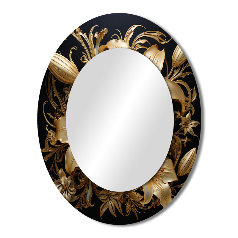 Golden Lily Flower Glam On Black V - Modern Farmhouse Oval Wall Mirror, 43" x 33"