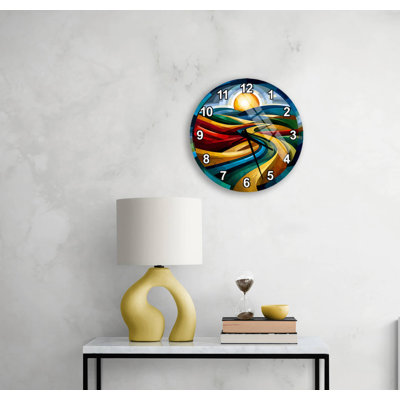 Abstract Landscape Tempered Glass Wall Clock, Colourful Modern Art Decor - Vibrant Sunset Horizon Circular Timepiece, Unique Home Gift