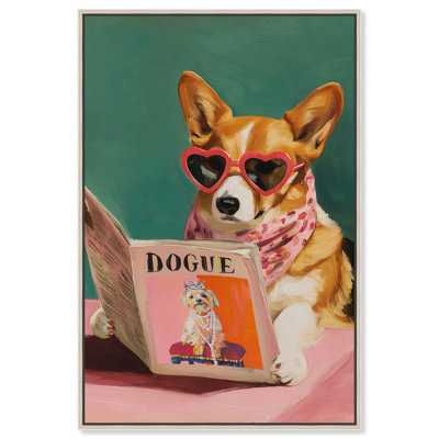 "Corgi and Her", impression sur toile encadrée rose par Art Remedy, cadre argenté, 30 x 45