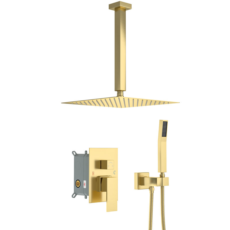 16 Inch Ceiling Mounted Shower System Rain Mixer Shower Combo Set Shower Head with Hand Shower, Brushed Gold