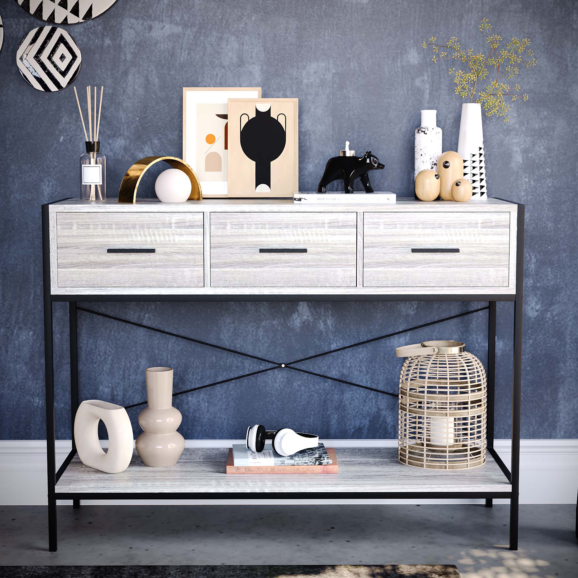 Sylvie 3 Drawer Console Table for Hallway Industrial Style Living Room Furniture With Metal Legs