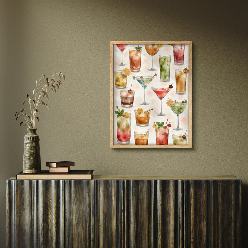 Colorful Cocktail Pattern Framed Wall Art Prints - Mixed Drinks Design Kitchen Bar, Naturel, H 16 po x l 12 po