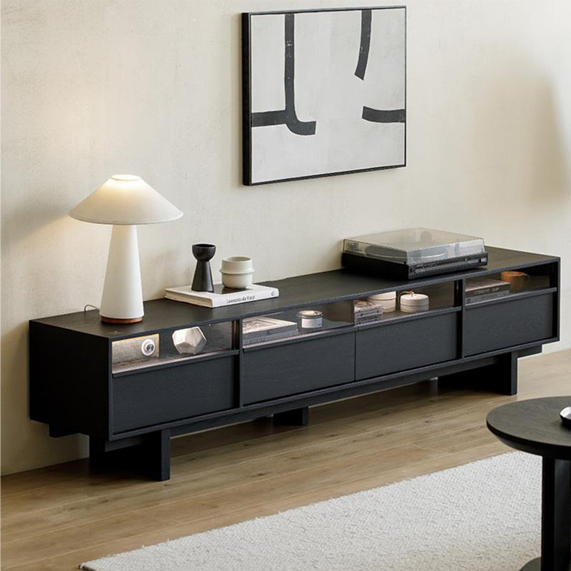 Meuble télé en bois massif avec rangement multicouche durable, L 94,49 po