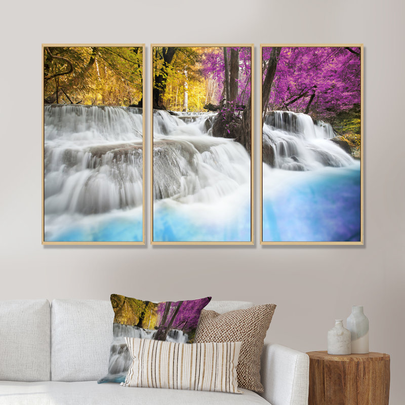 Erawan Waterfall - 3 pièces, cadre photo flottant sur toile, Cadre brun, L 36 po x H 20 po