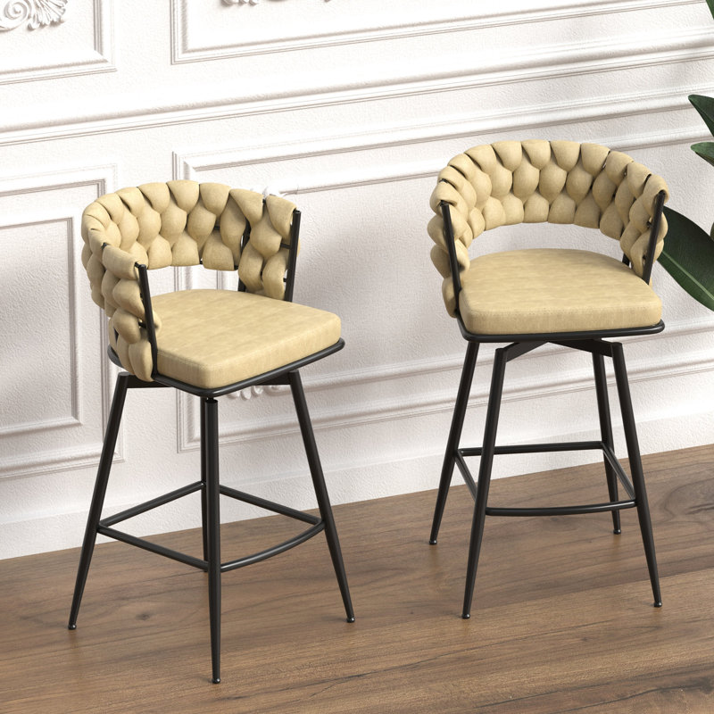 2pcs Brown Technical Leather Bar Stools. 360 Degree Swivel, Metal Base, Upholstered Seat For Kitchen Island, Bar, Cafe Stools Of 2. Frame, Bars, Cafes, Farmhouses